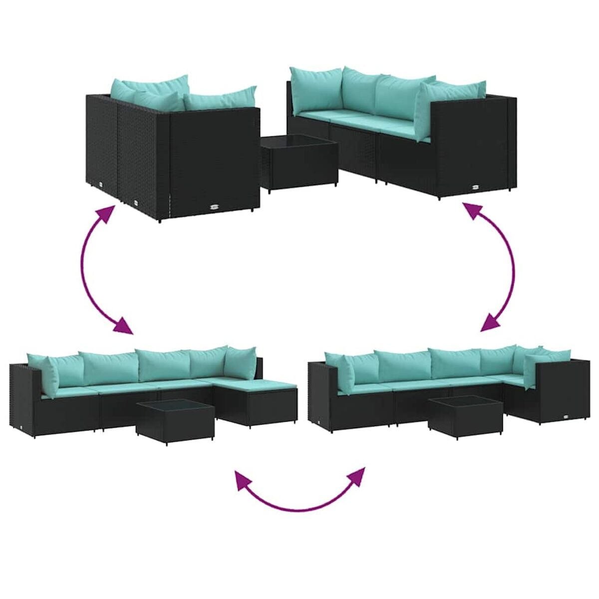 Disposizioni modulari di sedute per esterni in nero, con cuscini blu. Vengono visualizzate diverse configurazioni.