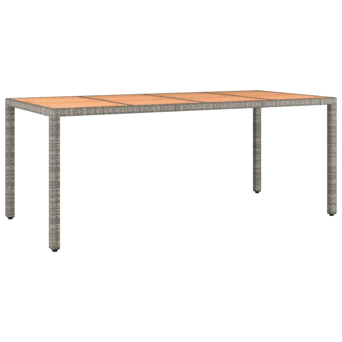 Tavolo da esterno in legno con gambe in metallo grigio.