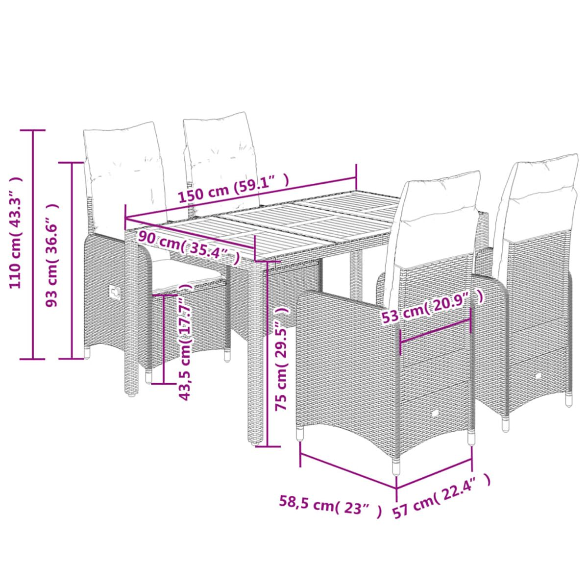 Set da pranzo per esterni in vimini con dimensioni. Include tavolo e sedie. Sfondo bianco.