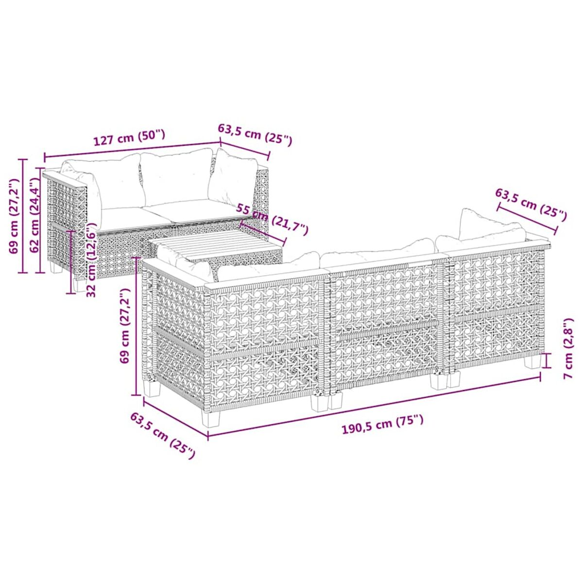 Set di mobili da esterno in vimini con dimensioni. Include divano e tavolo.