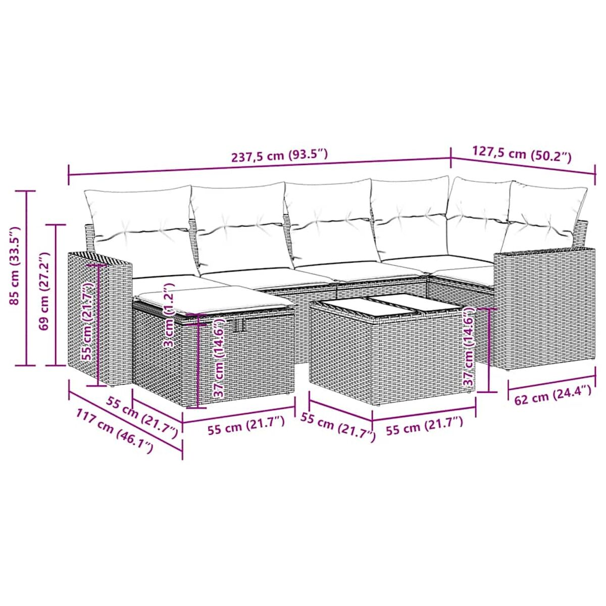 Detaillierte Ansicht eines Rattan-Ecksofas mit Maßangaben in Zentimetern und Zoll.
