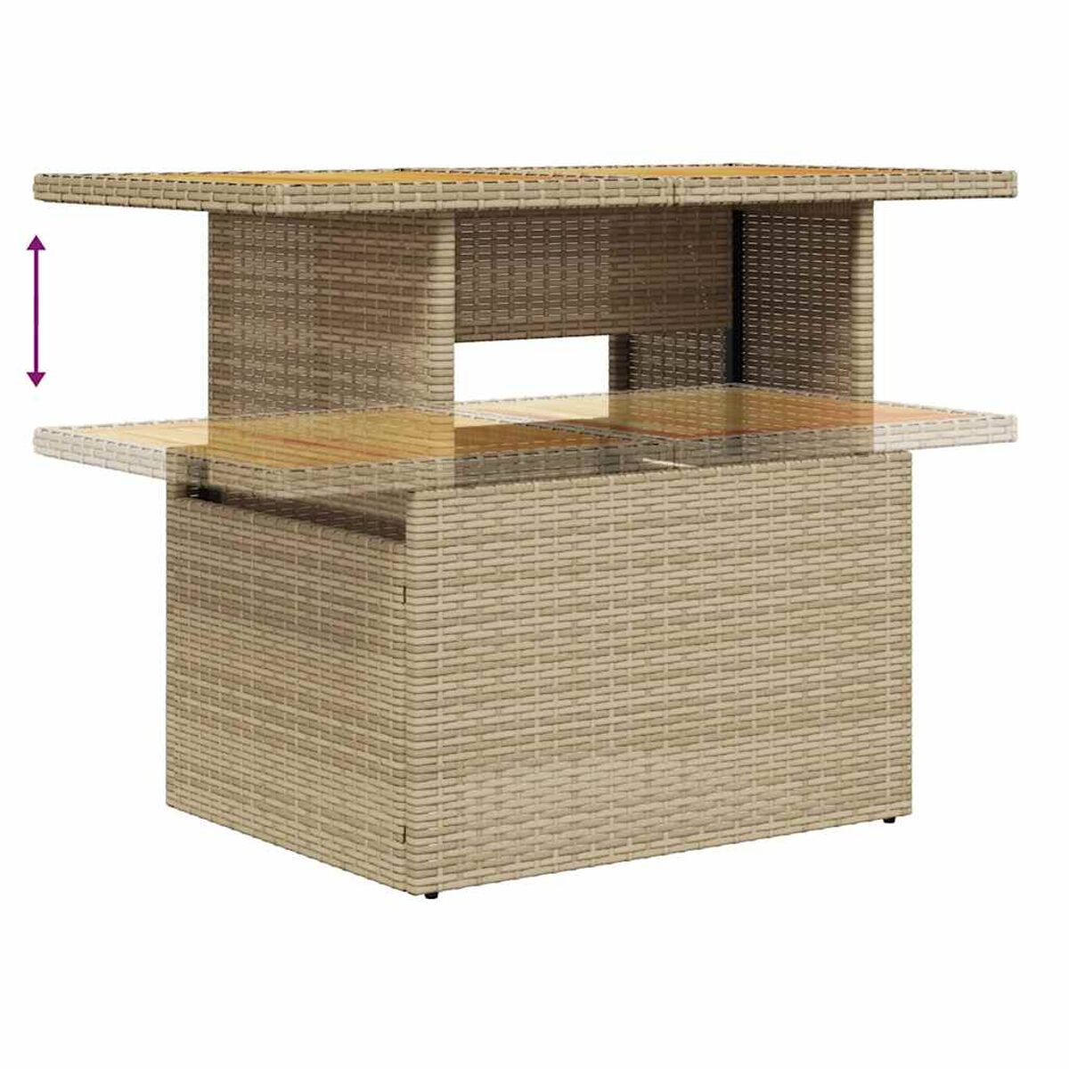 Tavolo beige stile rattan con piano in legno. Il tavolo ha uno spazio contenitore. Una freccia indica l'altezza.