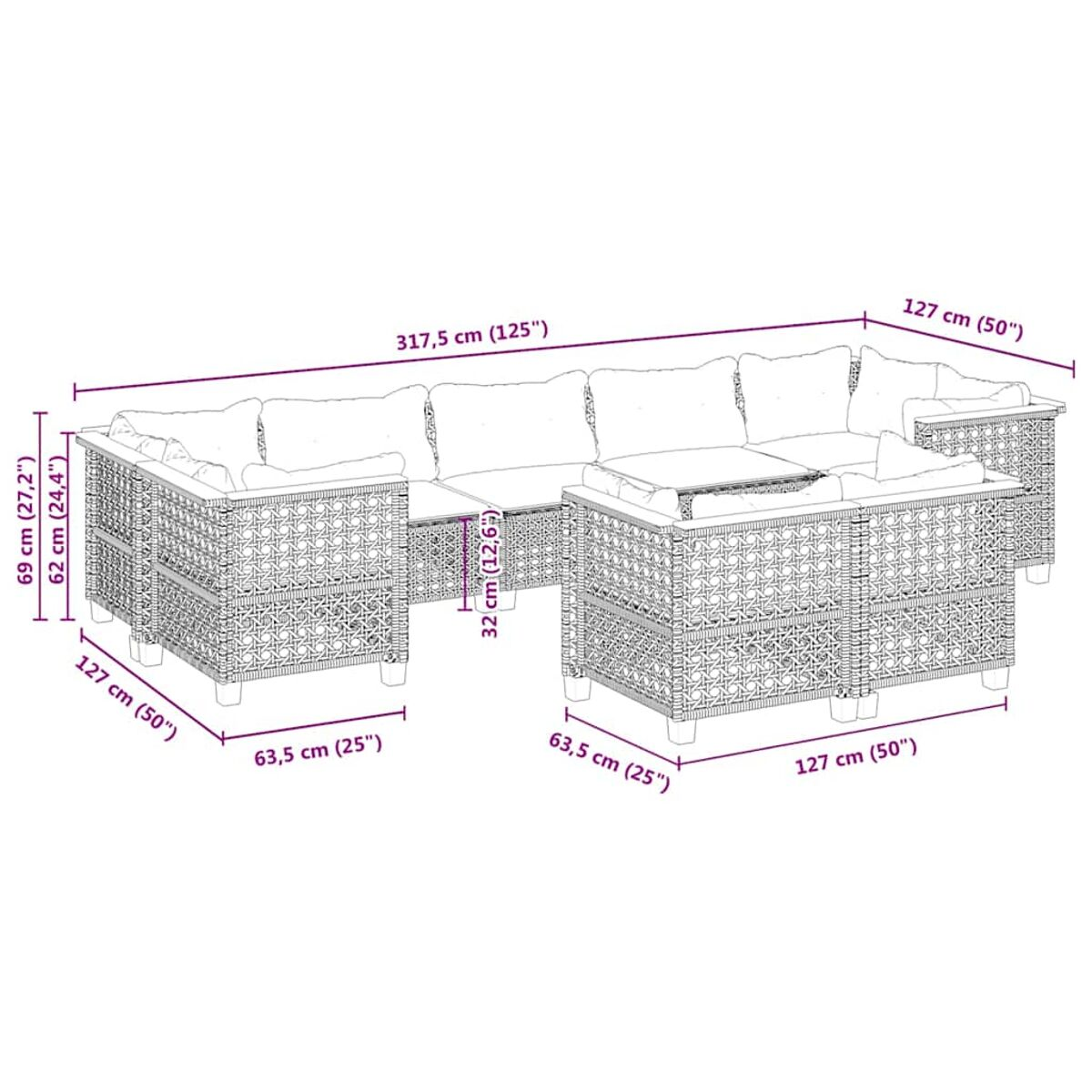 Ein geflochtenes Outdoor-Sofa mit Tisch. Abmessungen sind angegeben.
