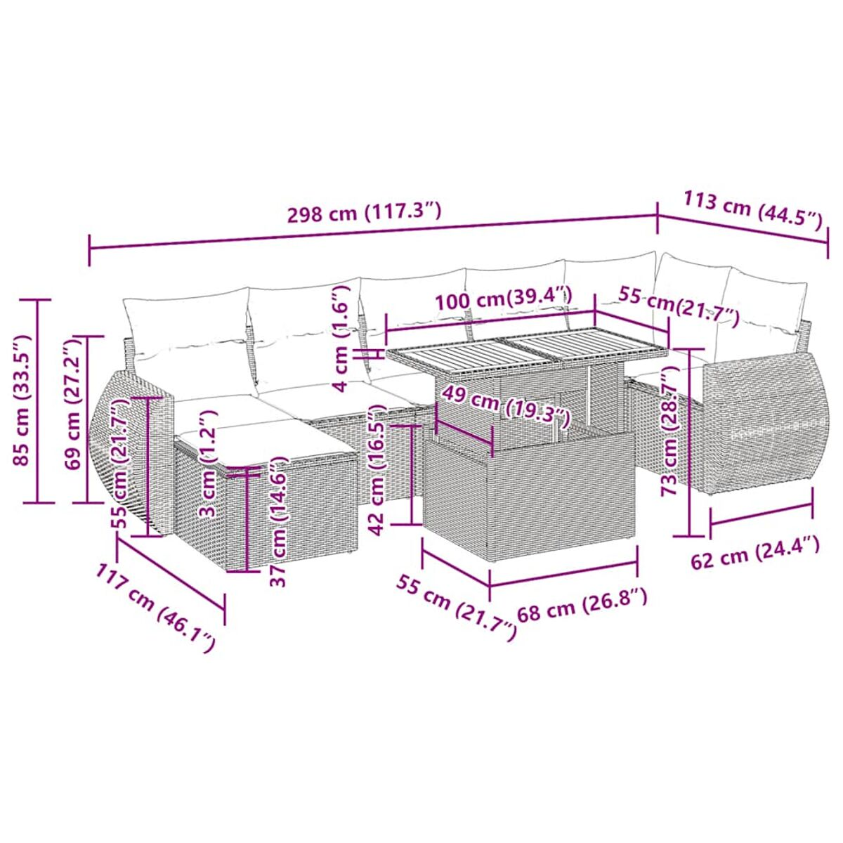 Set di mobili da esterno in rattan con dimensioni in cm. Include divano, tavolo e sgabelli.