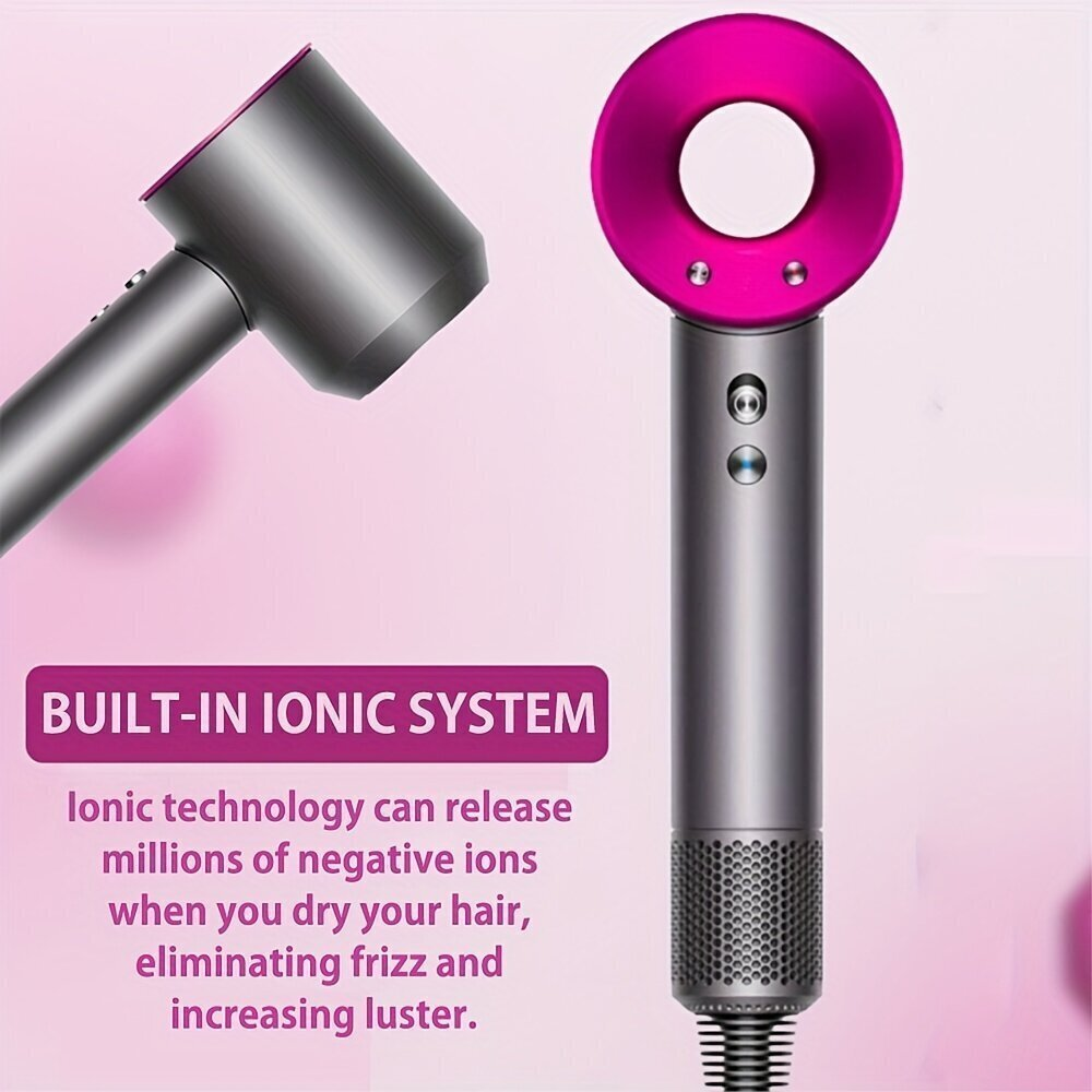 Secador de pelo con cabezal rosa y mango gris. Texto: Sistema iónico incorporado. Tecnología iónica.