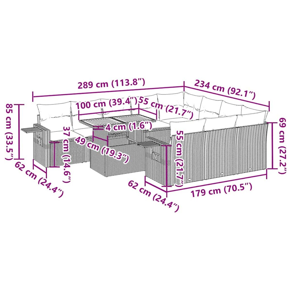 Set di mobili da esterno con dimensioni in cm e pollici.