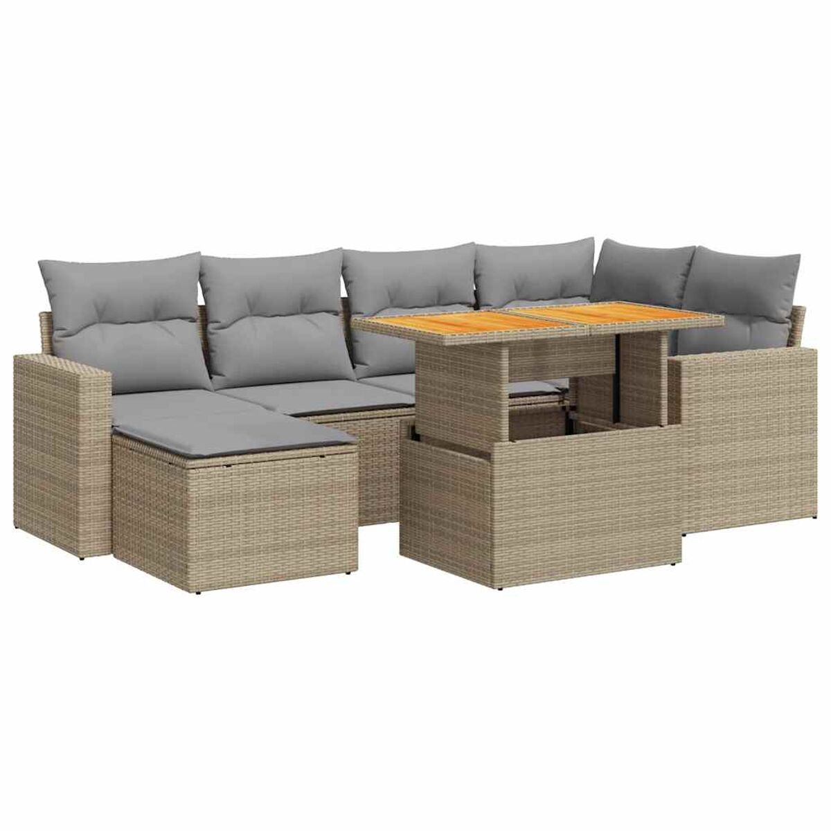 Geflochtenes Outdoor-Set mit Hebetisch und grauen Kissen auf den Sitzen.