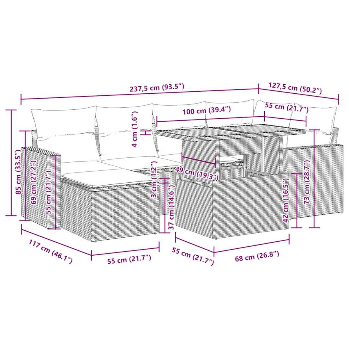 Geflochtenes Gartenmöbel-Set mit Abmessungen in cm. Enthält ein Sofa, einen Tisch und zwei Sitze.