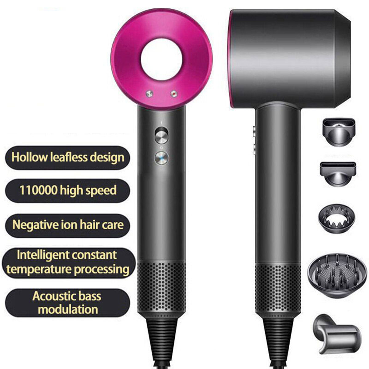 Secador de pelo Dyson con diseño sin hojas hueco y cuadro de texto con características sobre fondo blanco.
