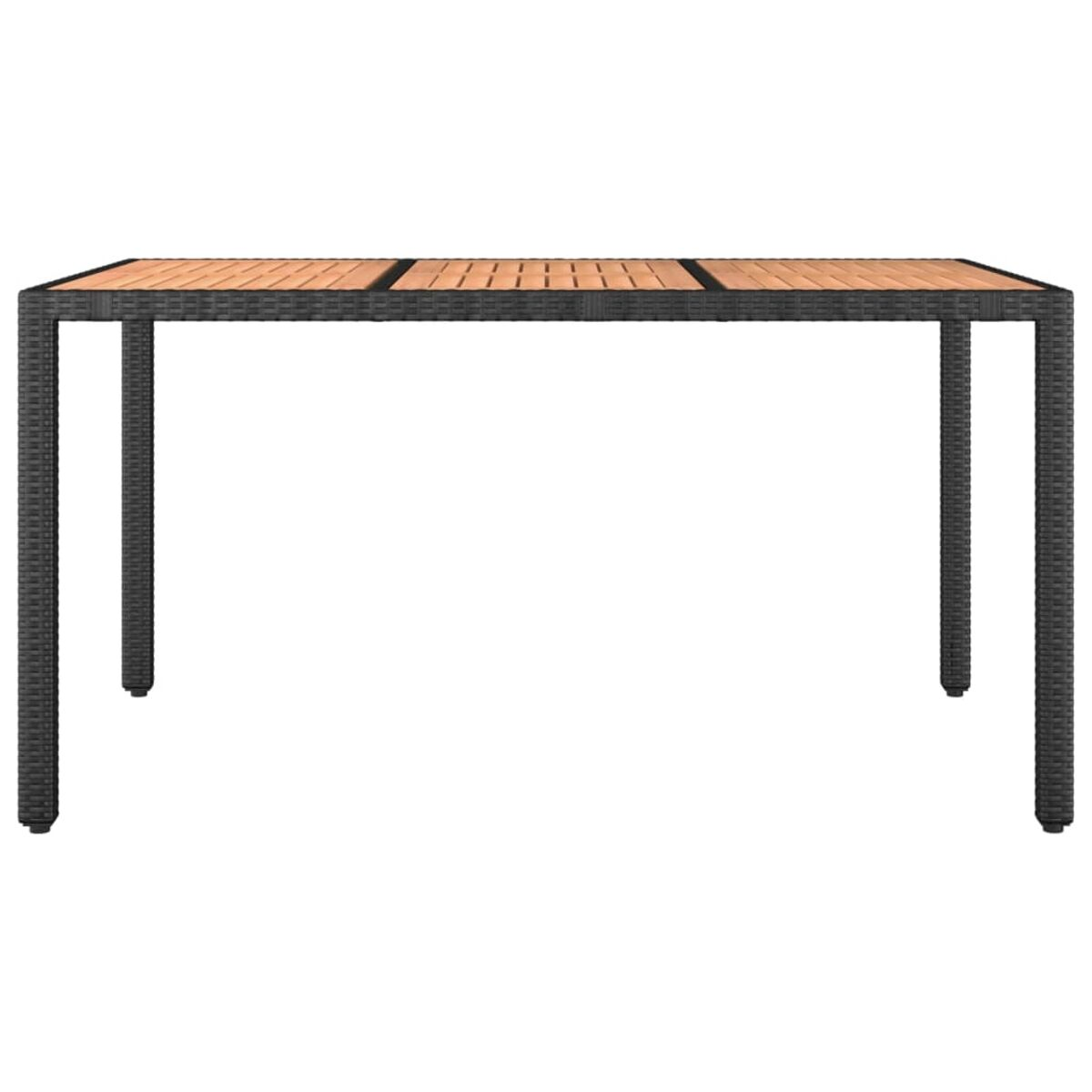 Ein rechteckiger Esstisch für den Außenbereich mit Holzplatte und schwarzen Metallbeinen.