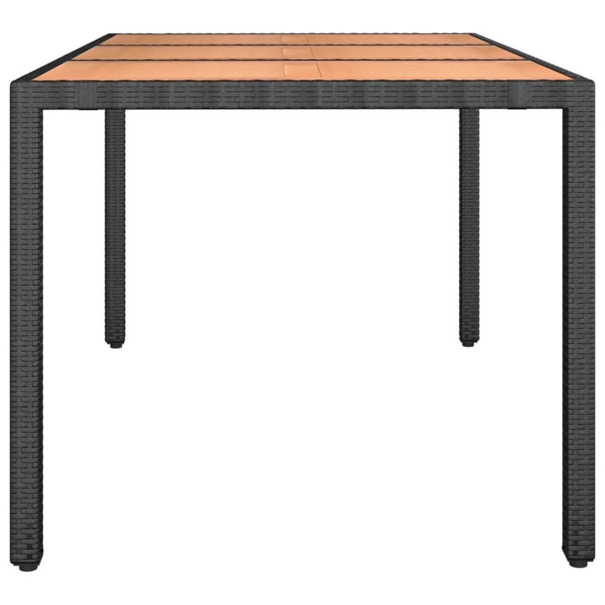 Schwarzer Tisch mit brauner Oberseite. Vier schwarze Beine.
