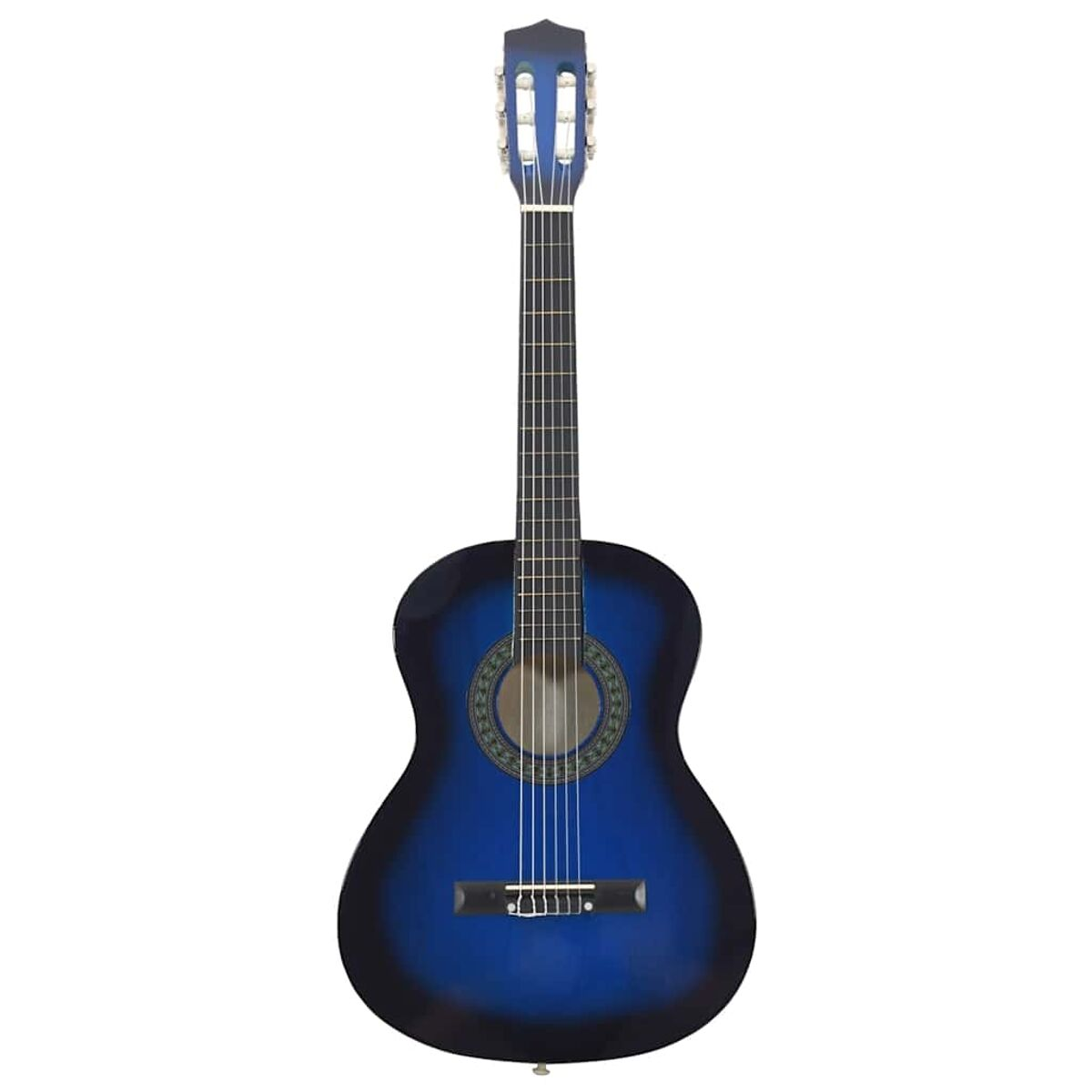 Blaue und schwarze Akustikgitarre auf weißem Hintergrund.