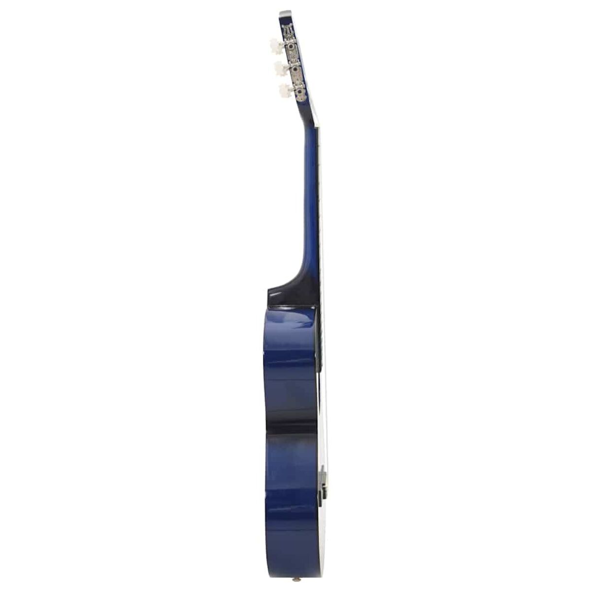 Eine blaue Gitarre im Profil, vor weißem Hintergrund. Fokus auf das Seitenprofil der Gitarre.