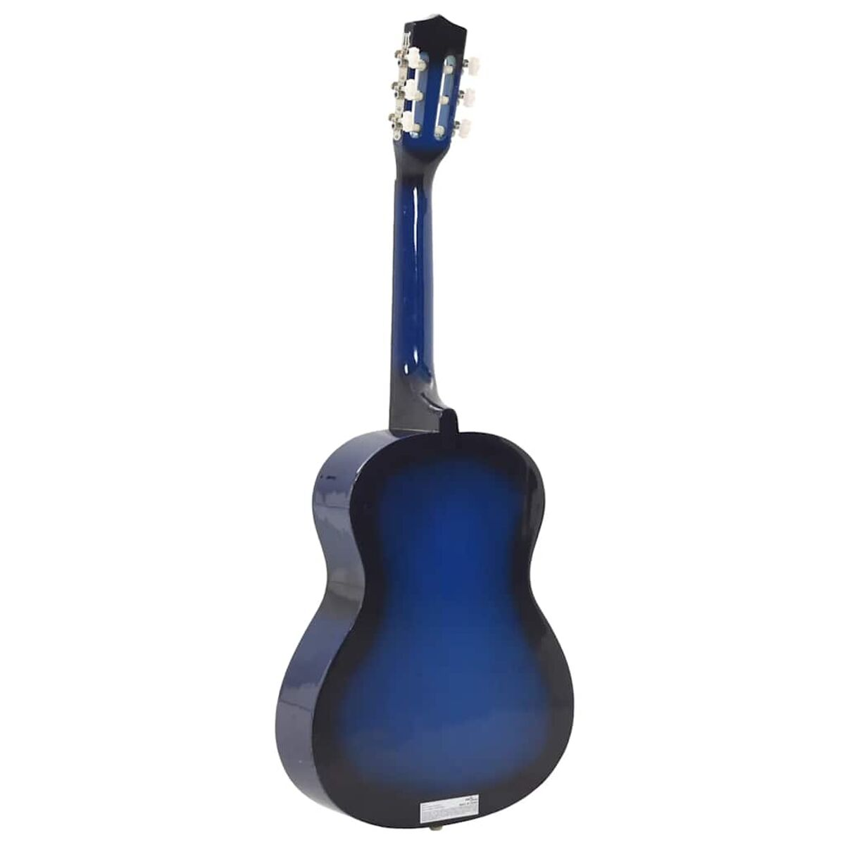 Rückansicht einer blauen Akustikgitarre. Die Gitarre hat eine dunkelblaue Farbe.