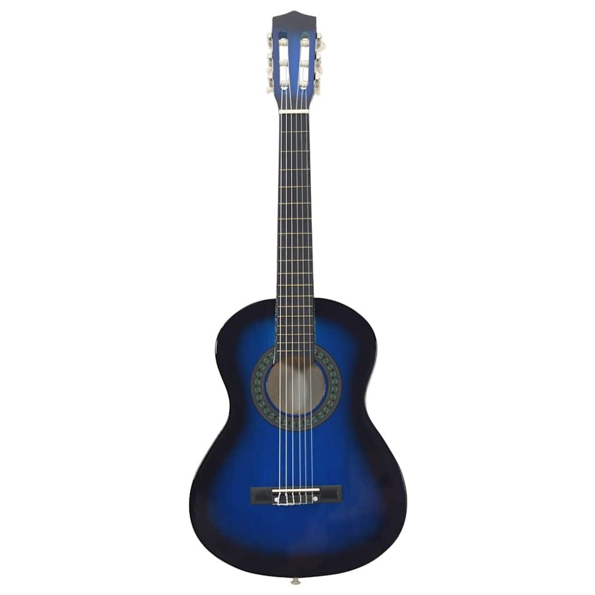Akustikgitarre mit blauem Korpus und dunklerem Farbverlauf zu den Rändern. Weiße Stimmwirbel.