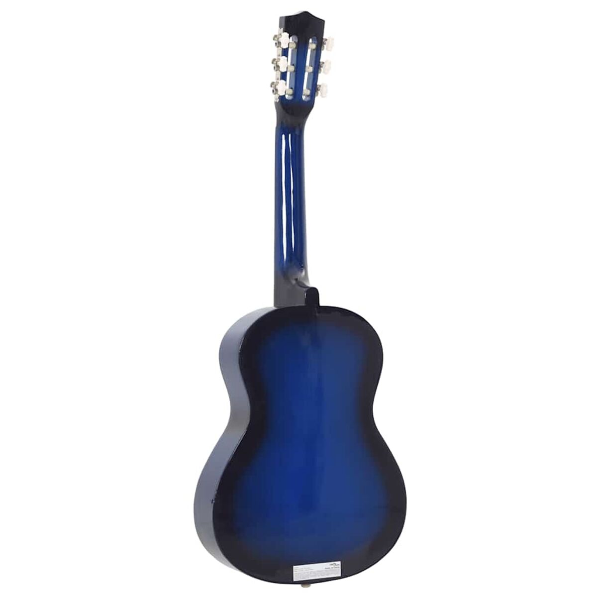 Eine blaue und schwarze Akustikgitarre, von hinten gesehen.