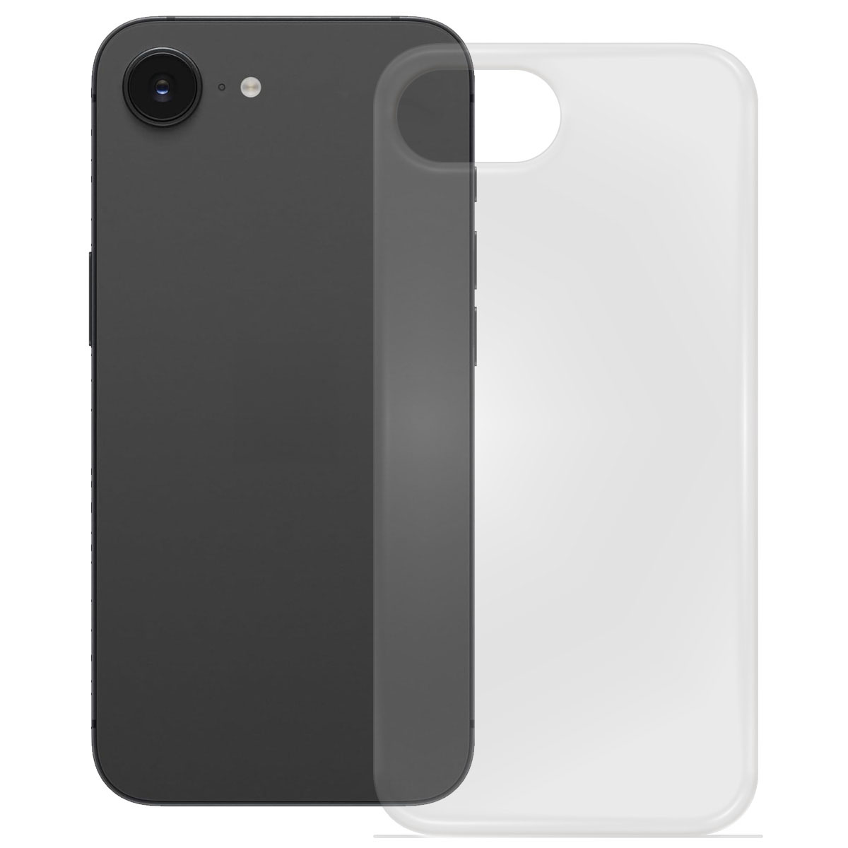 Schwarzes Smartphone mit transparenter Hülle. Weißer Hintergrund.