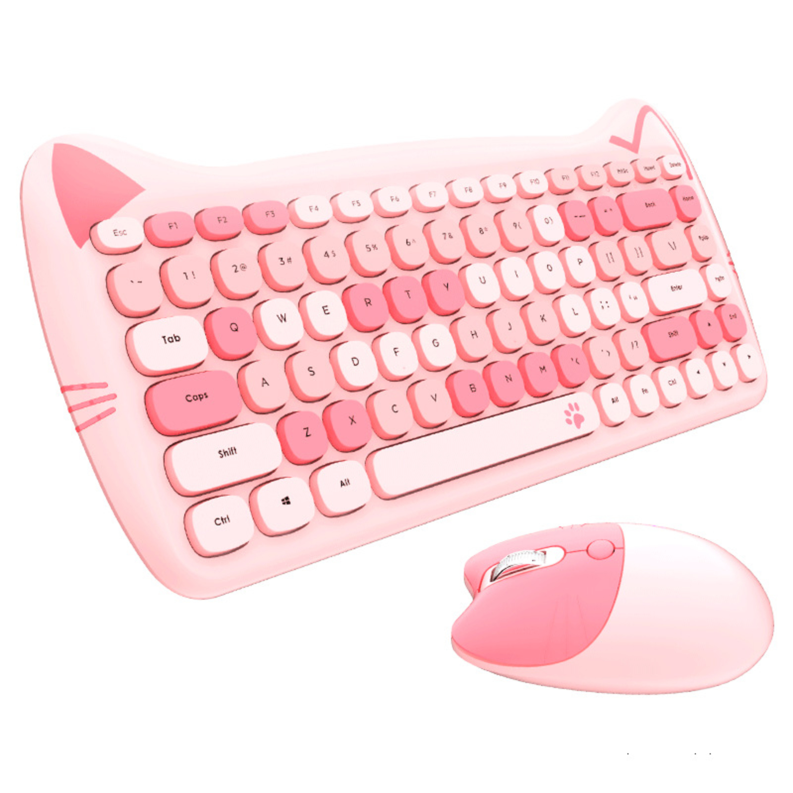 Rosa Tastatur und Maus im Katzenohren-Design auf weißem Untergrund.
