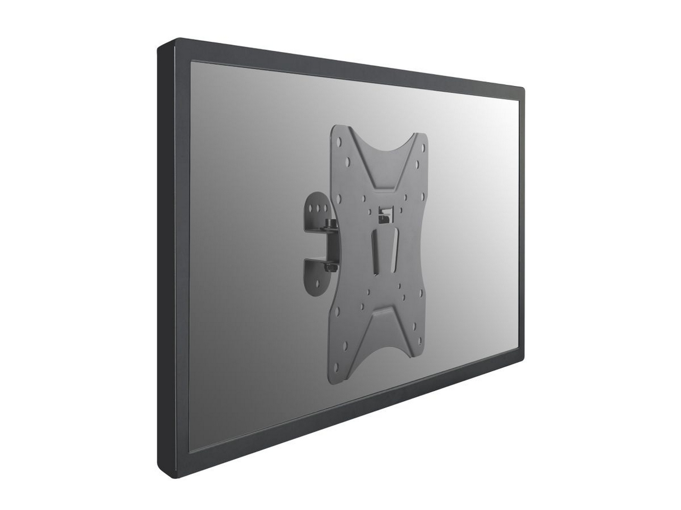 Un televisor montado en un soporte de pared gris, ligeramente inclinado, sobre fondo blanco.