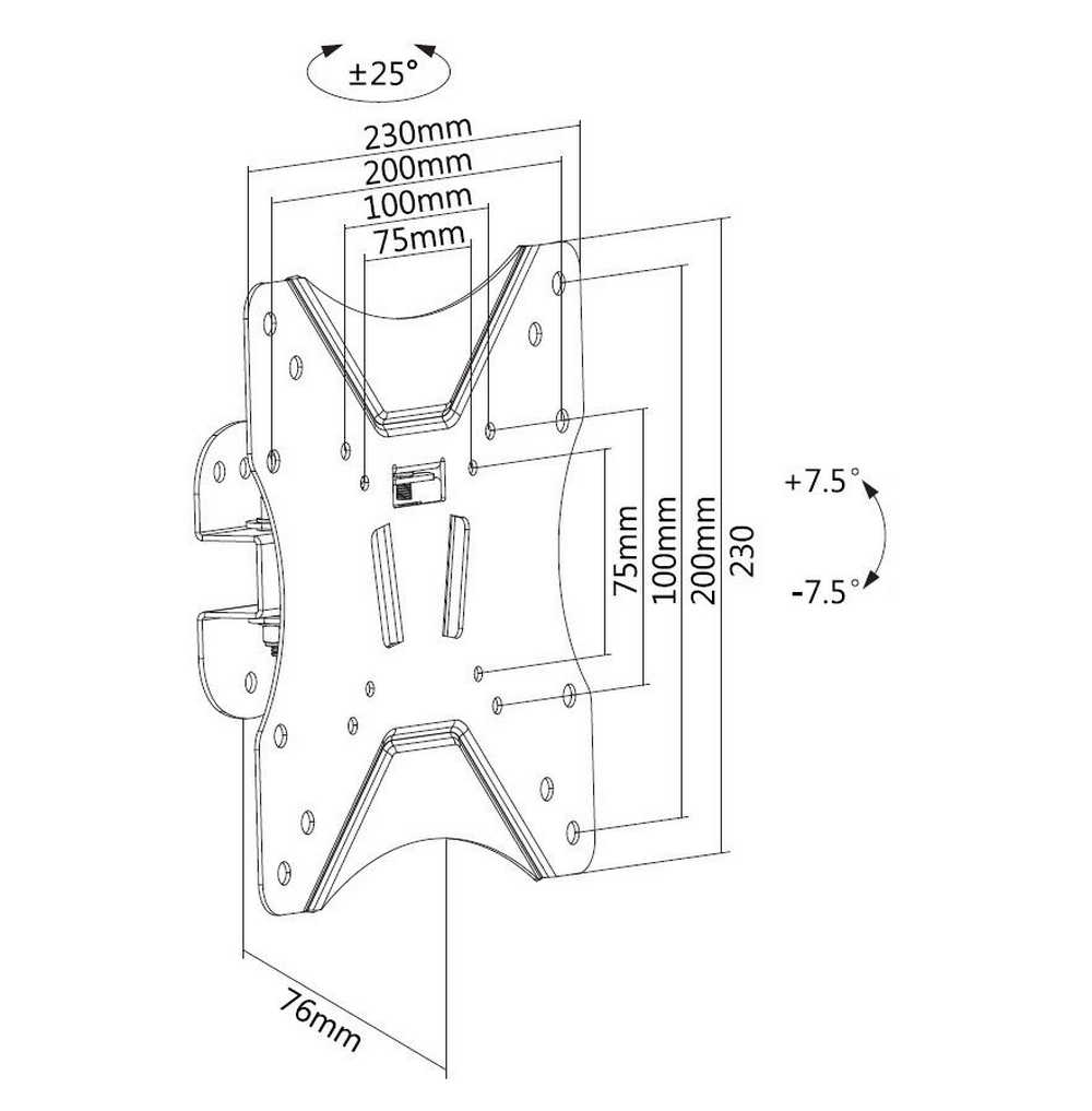 Dibujo técnico de un soporte de pared. Dimensiones y ángulos etiquetados.