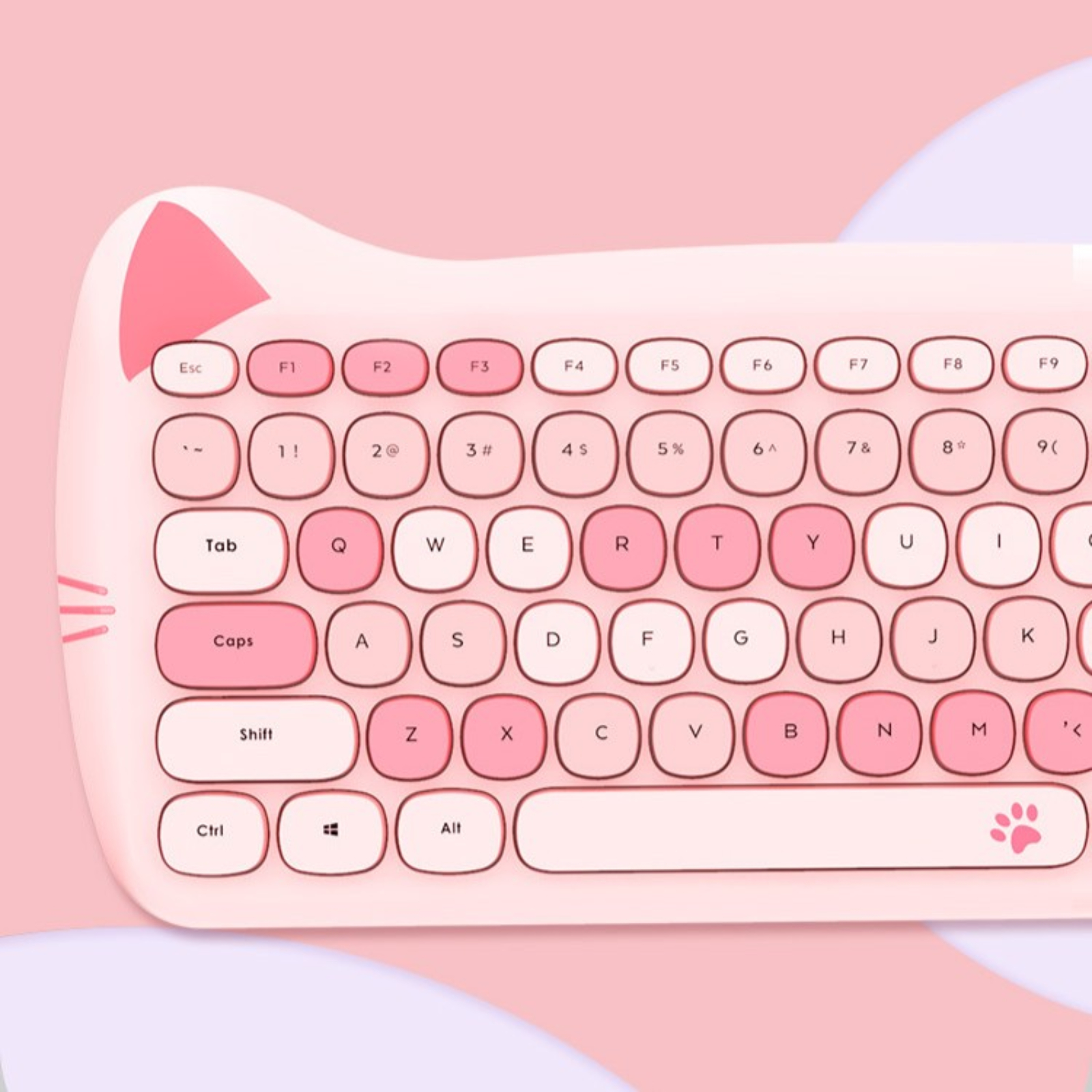 Rosa Tastatur in Katzenform mit weißen Tasten und Katzengesicht-Design.