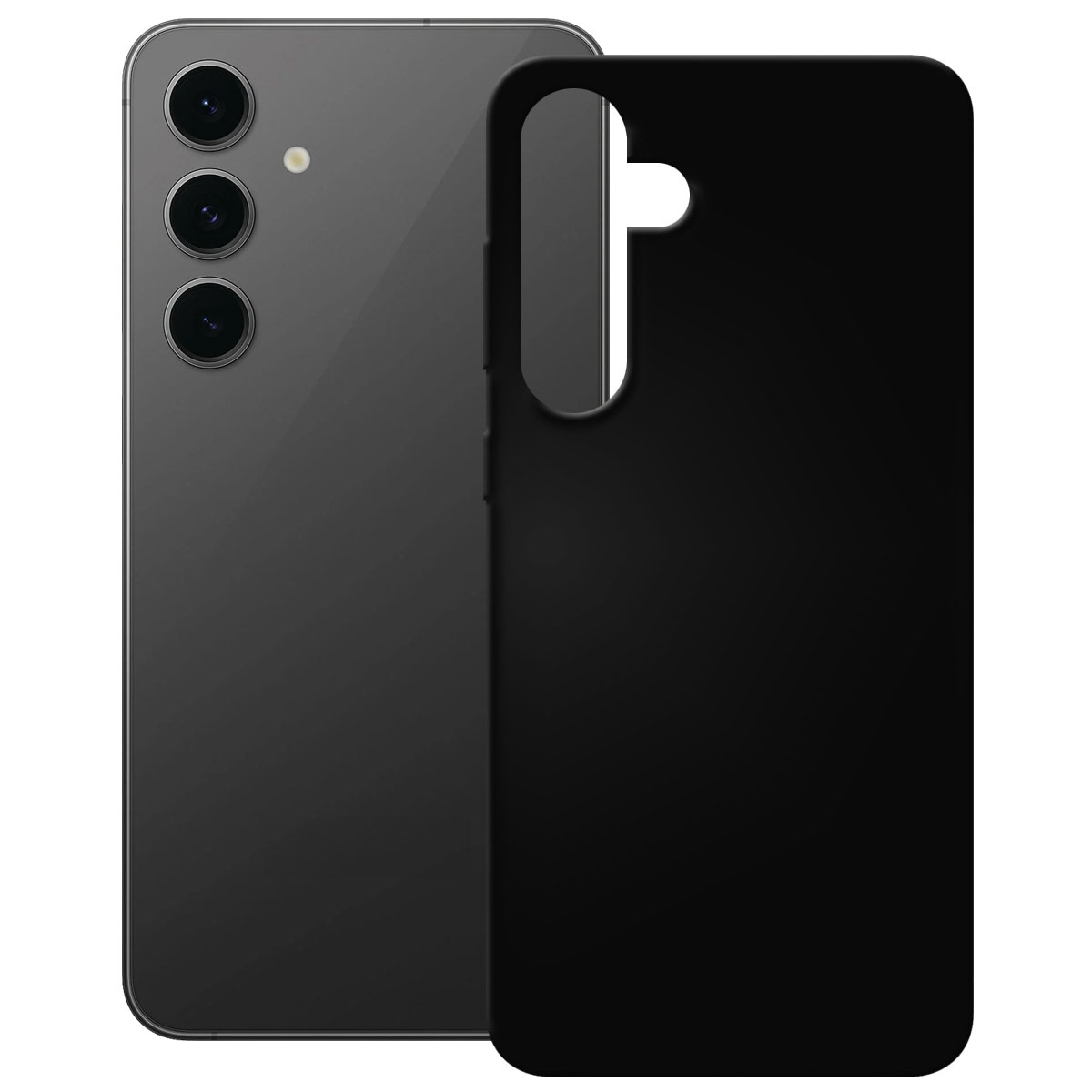 Ein modernes Smartphone mit drei Rückkameras und einer schwarzen Schutzhülle. Weißer Hintergrund.