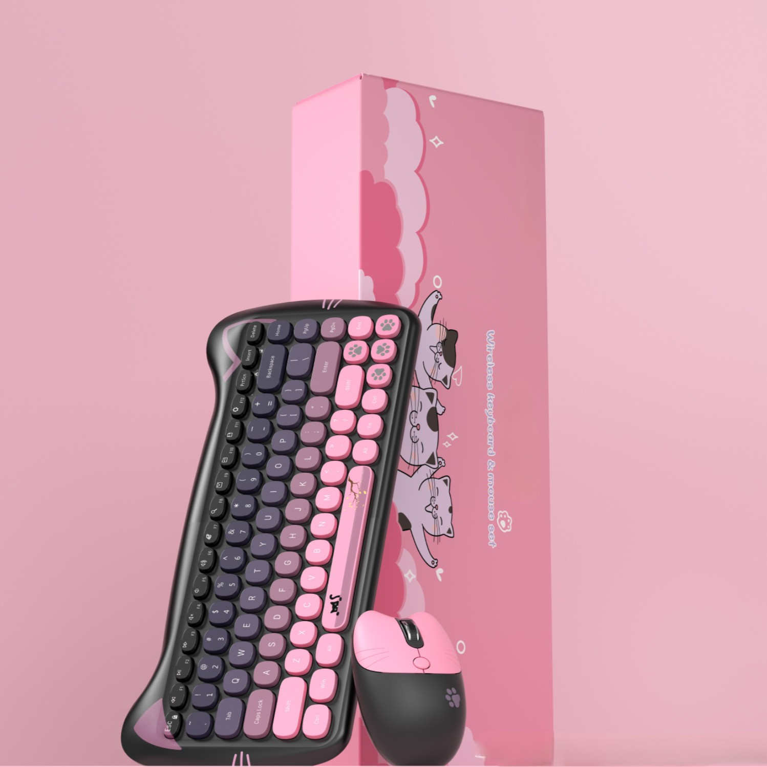 Pinke und schwarze Tastatur und Maus mit pinker Box, auf pinkem Hintergrund.