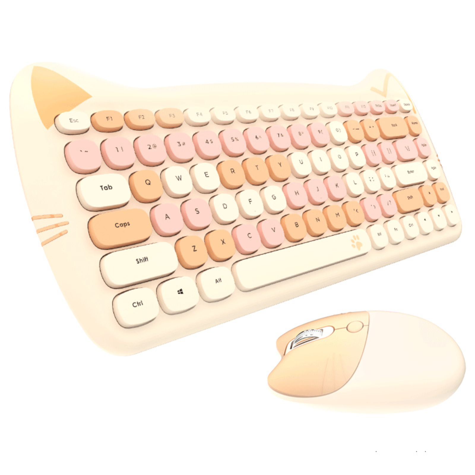 Ein katzenohrförmiges Tastatur- und Maus-Set in Beige und Rosa. Die Tasten sind farblich unterschiedlich.