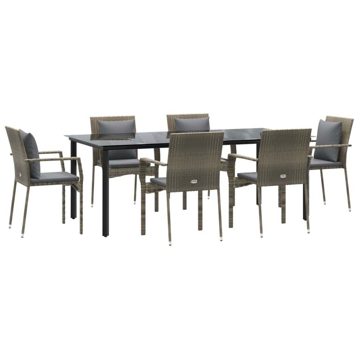 Essgruppe für den Außenbereich mit sechs Stühlen und einem rechteckigen Tisch mit Glasplatte.