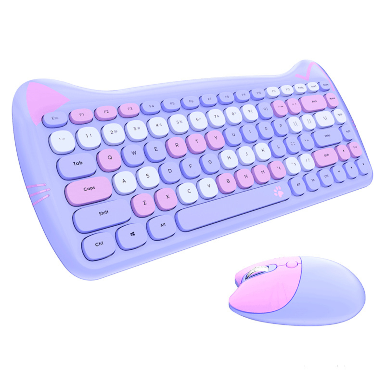 Lila Katzenohrtastatur und -maus-Set, mit rosa Akzenten und weißem Hintergrund.