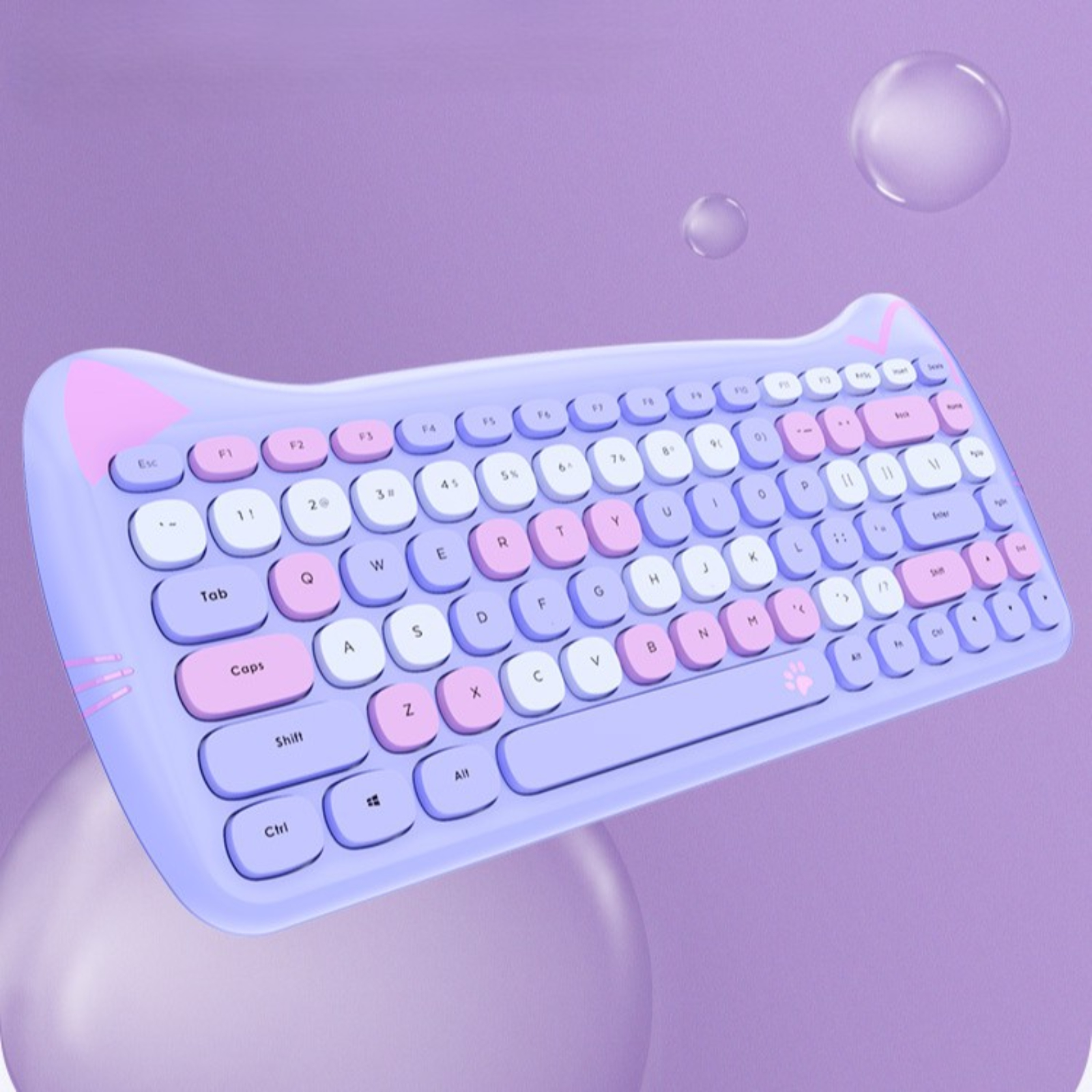 Katzenförmige kabellose Tastatur, Lavendel mit rosa und weißen Tasten. Nettes Design.