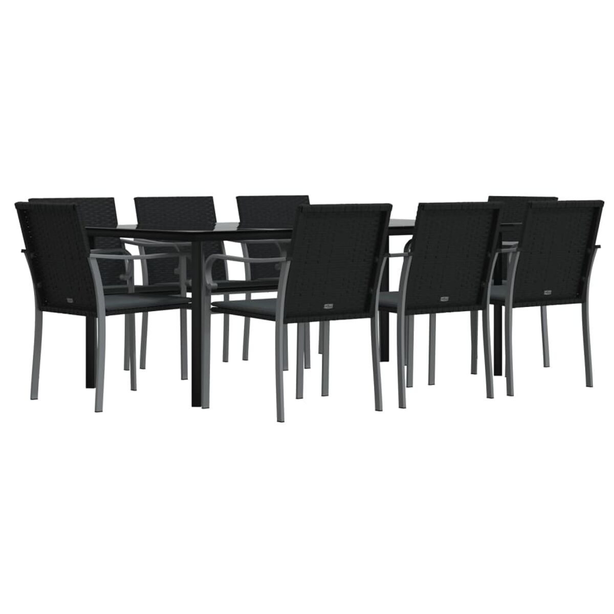 Ein Ess-Set für den Außenbereich mit einem schwarzen Tisch und sechs schwarzen Stühlen. Die Stühle sind um den Tisch angeordnet.