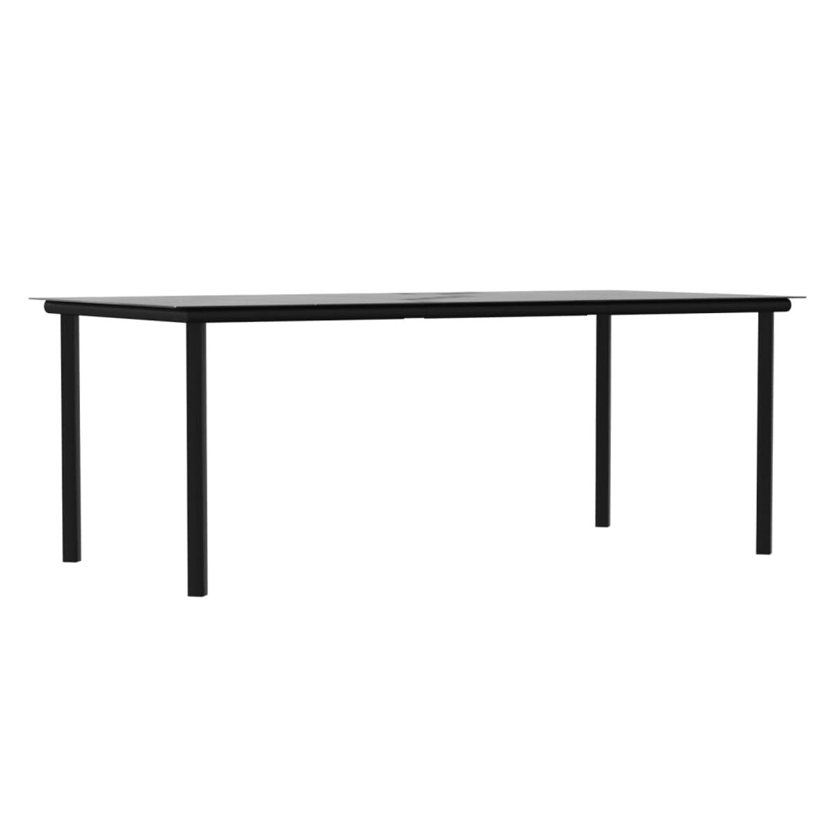 Schwarzer rechteckiger Tisch mit schwarzen Beinen. Einfaches Design, weißer Hintergrund.