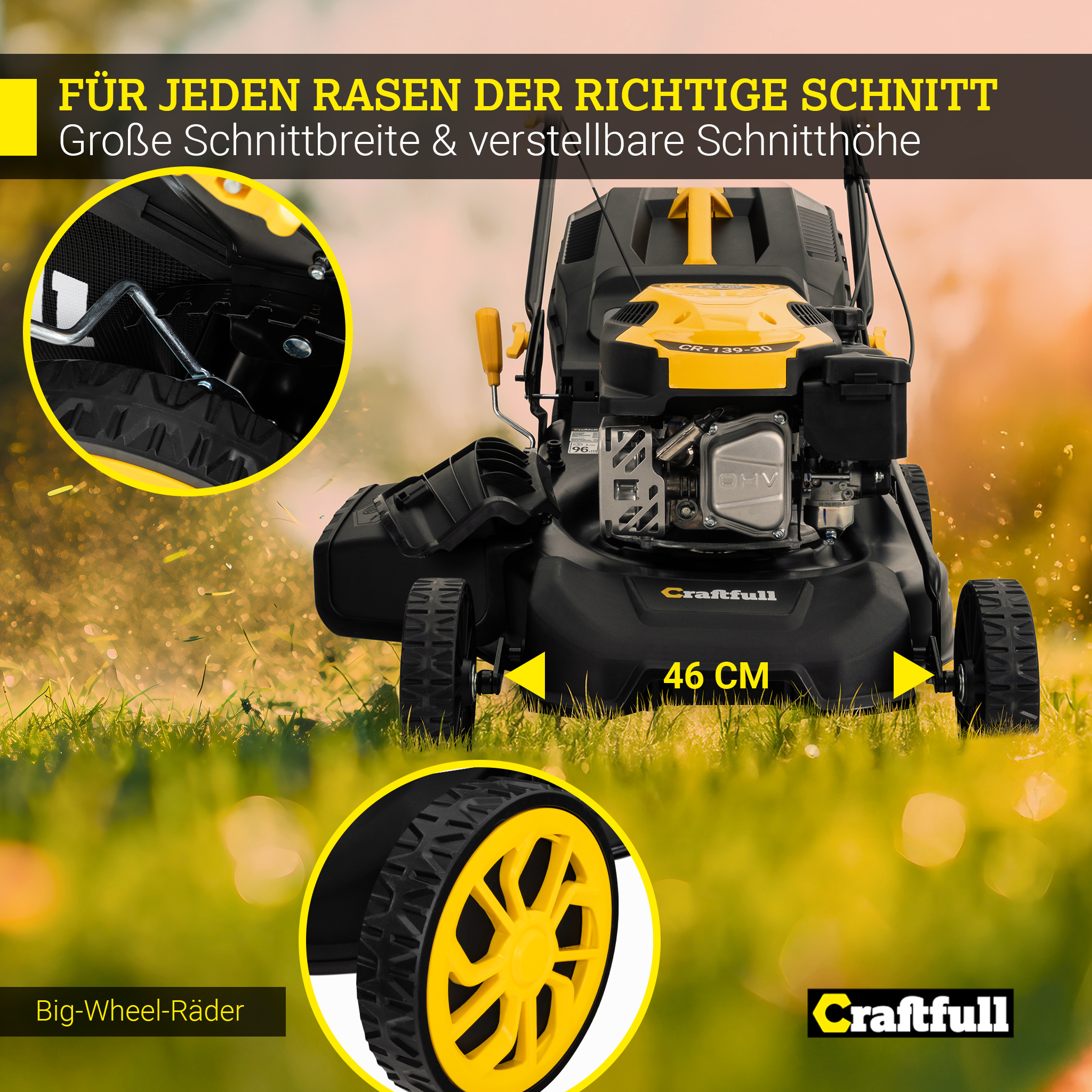Ein Rasenmäher mit gelben Rädern auf einer Wiese, mit Text.