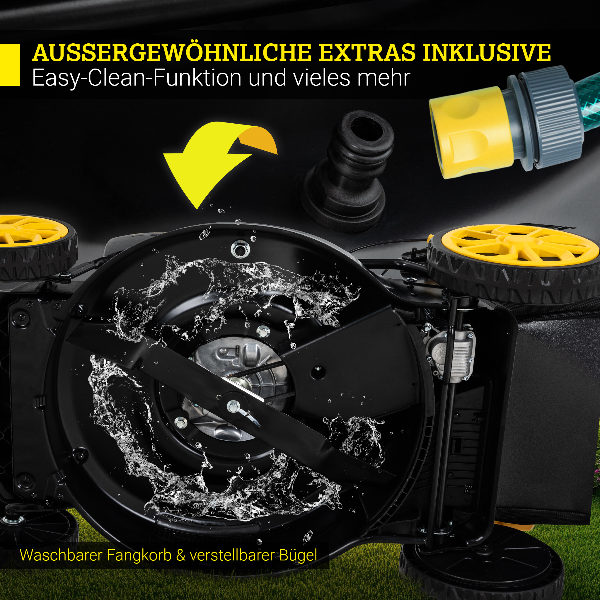 Nahaufnahme eines Rasenmähers mit Wasser und Text auf Deutsch.