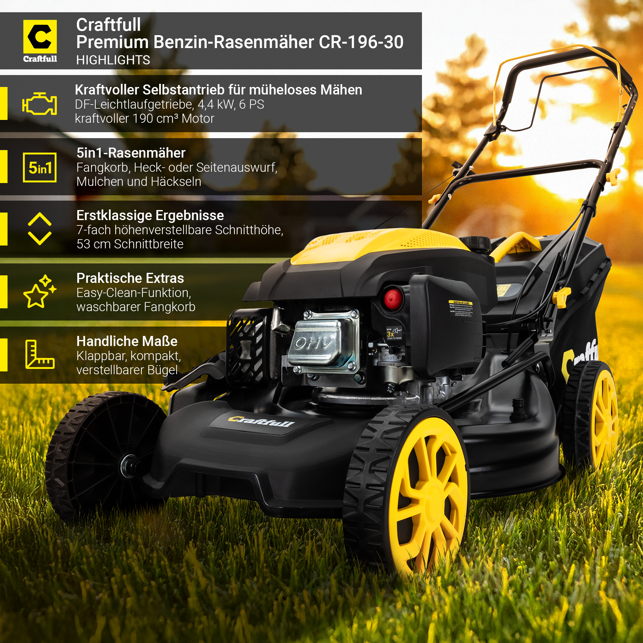 Gelb-schwarzer Rasenmäher mit Text und Diagrammen, auf Gras.