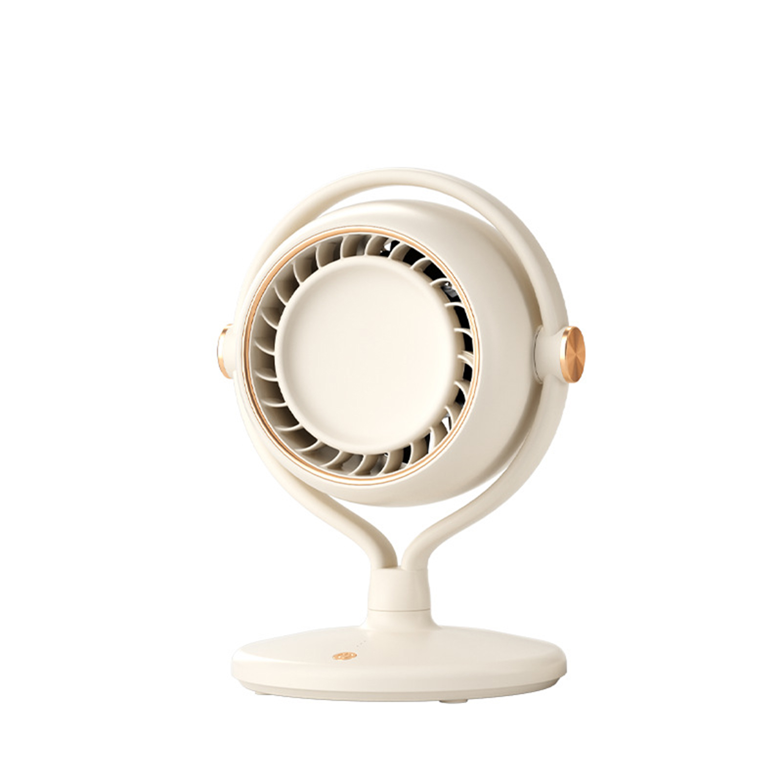 Creme- und roségoldener Ventilator mit weißem Sockel.
