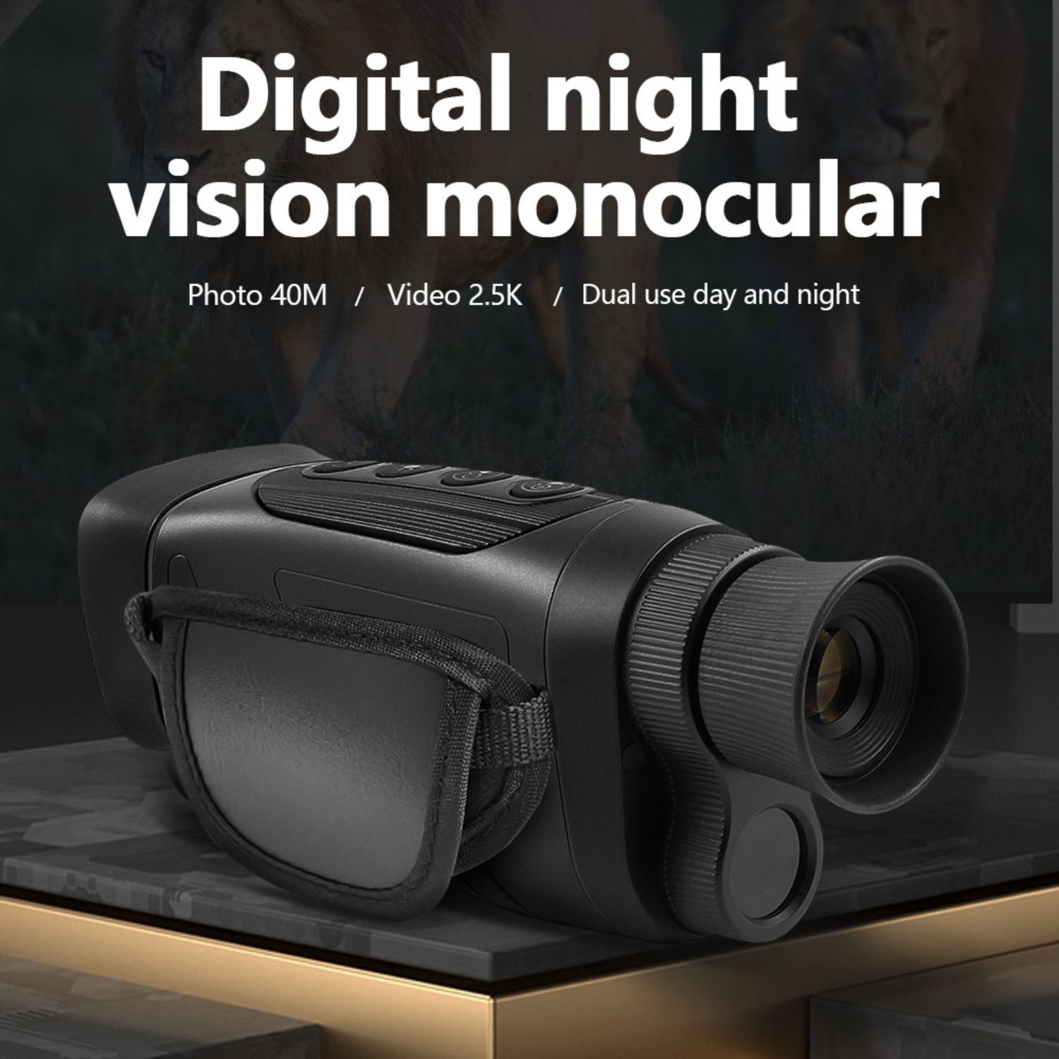 Ein schwarzes digitales Nachtsicht-Monokular. Text enthält Foto, Video und Dual-Use Tag und Nacht.