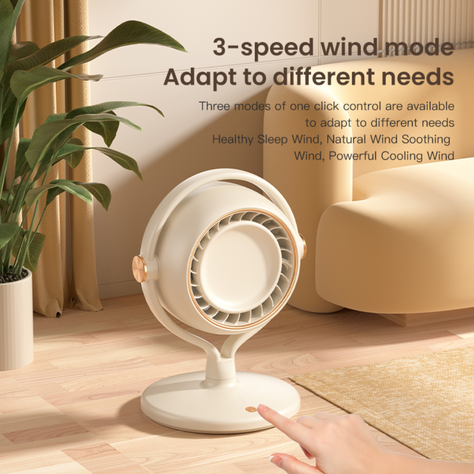 Ein weiß-beiger Ventilator mit einer Hand, die den Ein-/Ausschalter berührt. Text auf dem Bild.