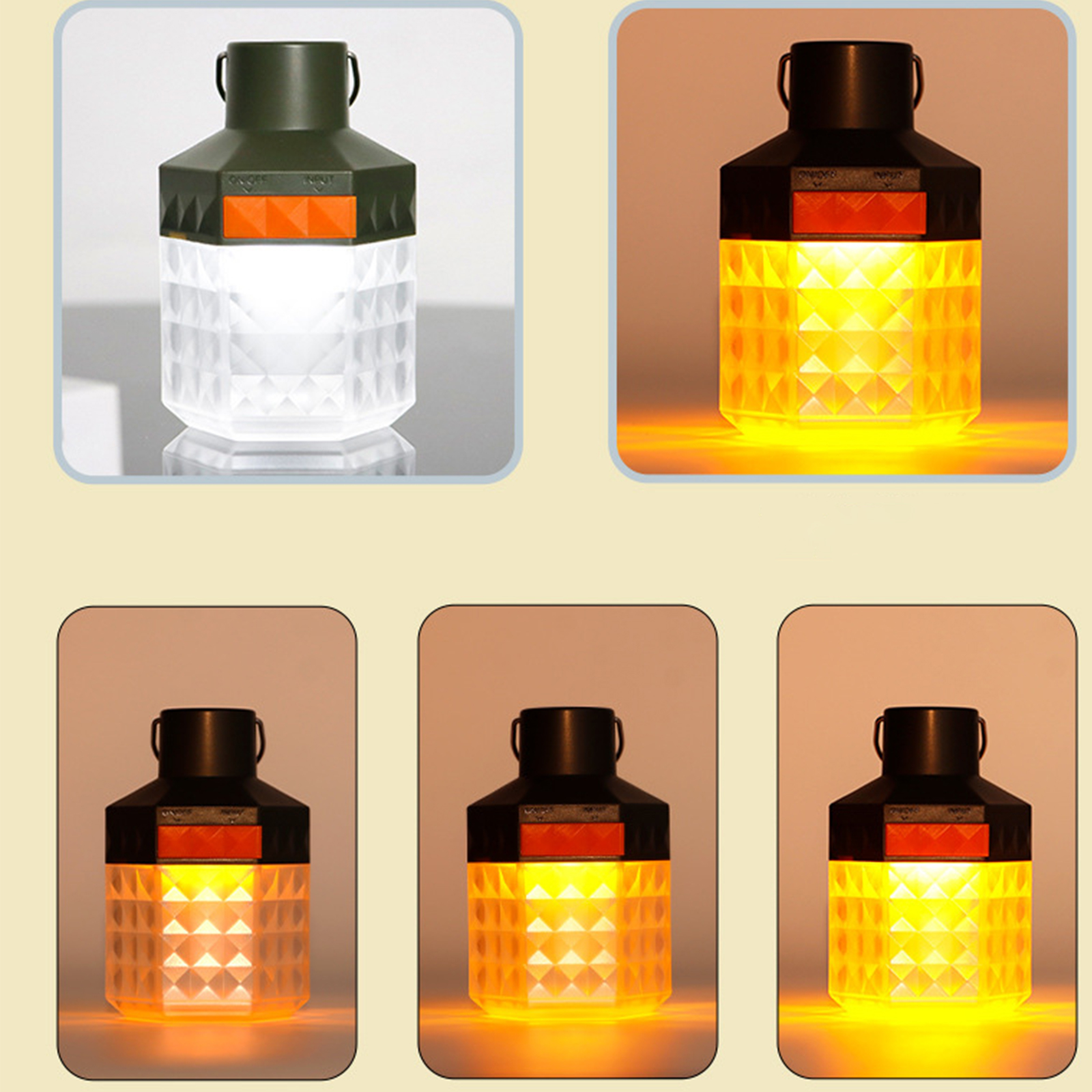 Laterne mit verschiedenen Lichteinstellungen: weiß, gelb und orange.