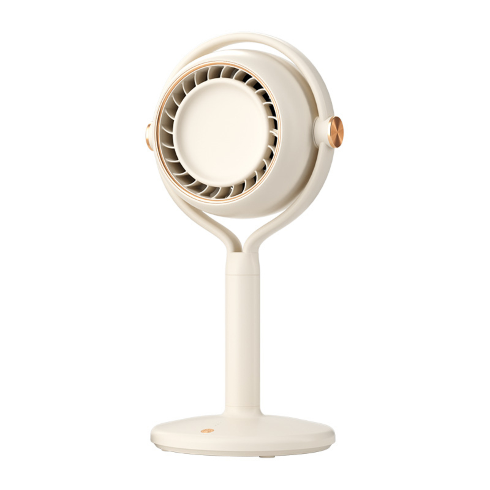 Weiß-goldener Ventilator mit rundem Design auf weißem Ständer. Auf weißem Untergrund.