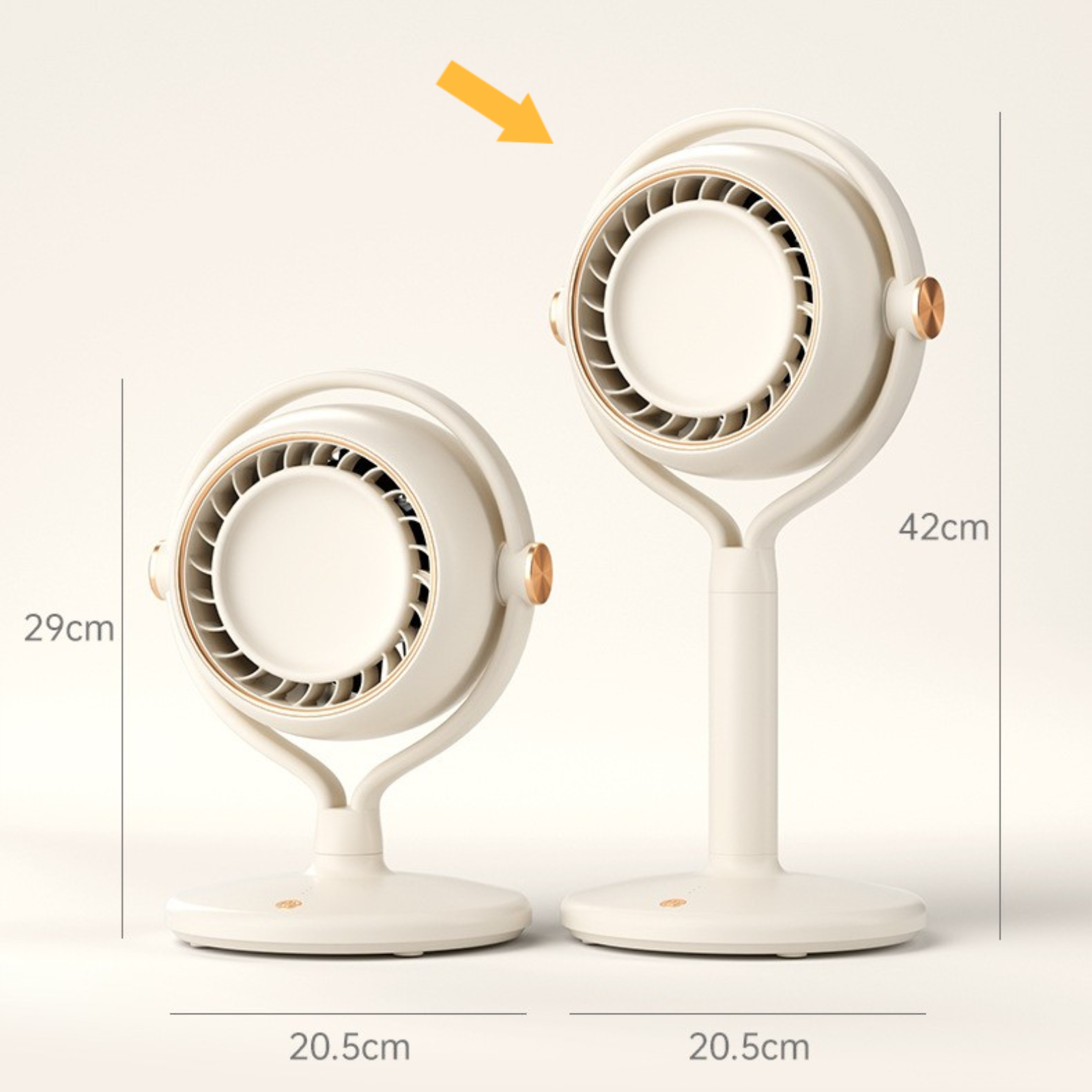 Zwei Ventilatoren mit weißem und goldenem Design, mit beschrifteten Abmessungen.