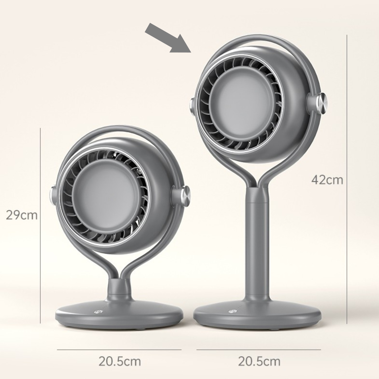 Zwei graue tragbare Ventilatoren. Einer kleiner, einer größer. Beide haben ein rundes Design.