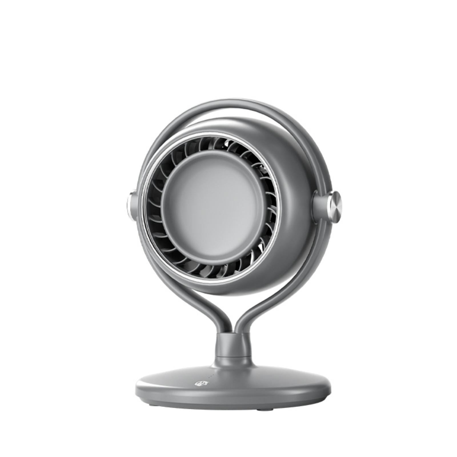 Grauer, kreisförmiger Ventilator auf einem Ständer, Vorderansicht, vor weißem Hintergrund.