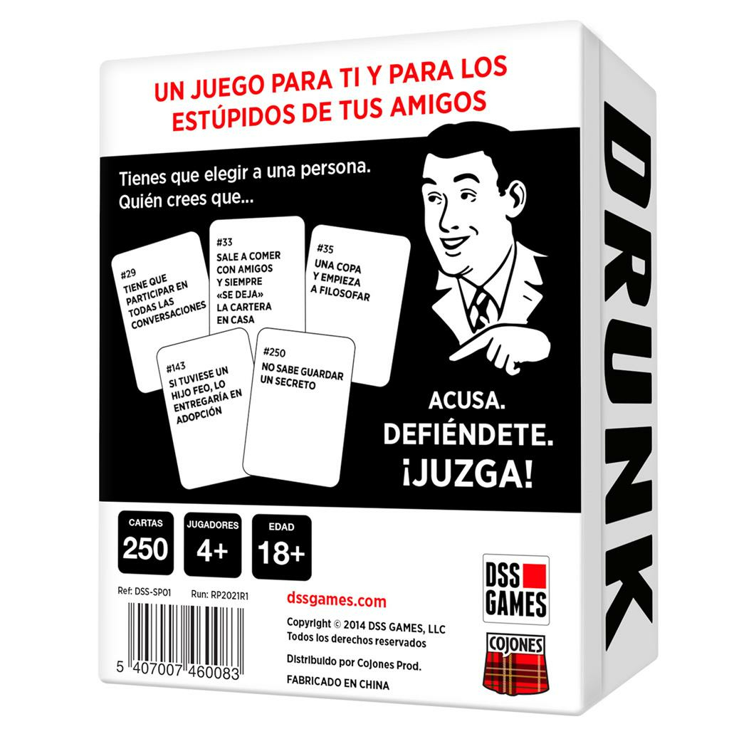 Kartenspiel-Box mit Text und Bild. Weiße Box mit Spieltitel, Cartoon-Bild und Kartentext.