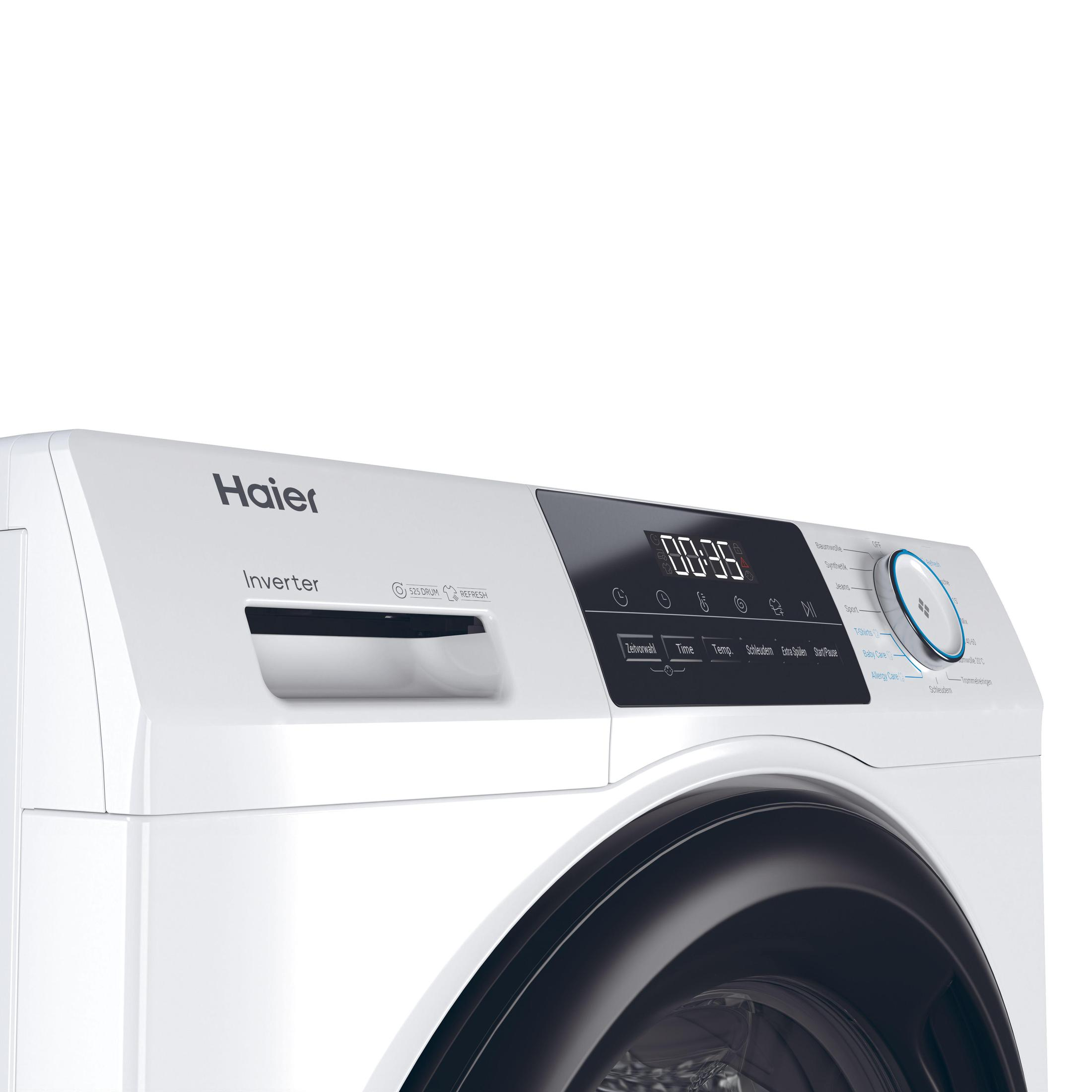 Weißes Haier Waschmaschinen-Bedienfeld mit Digitalanzeige und Knöpfen.