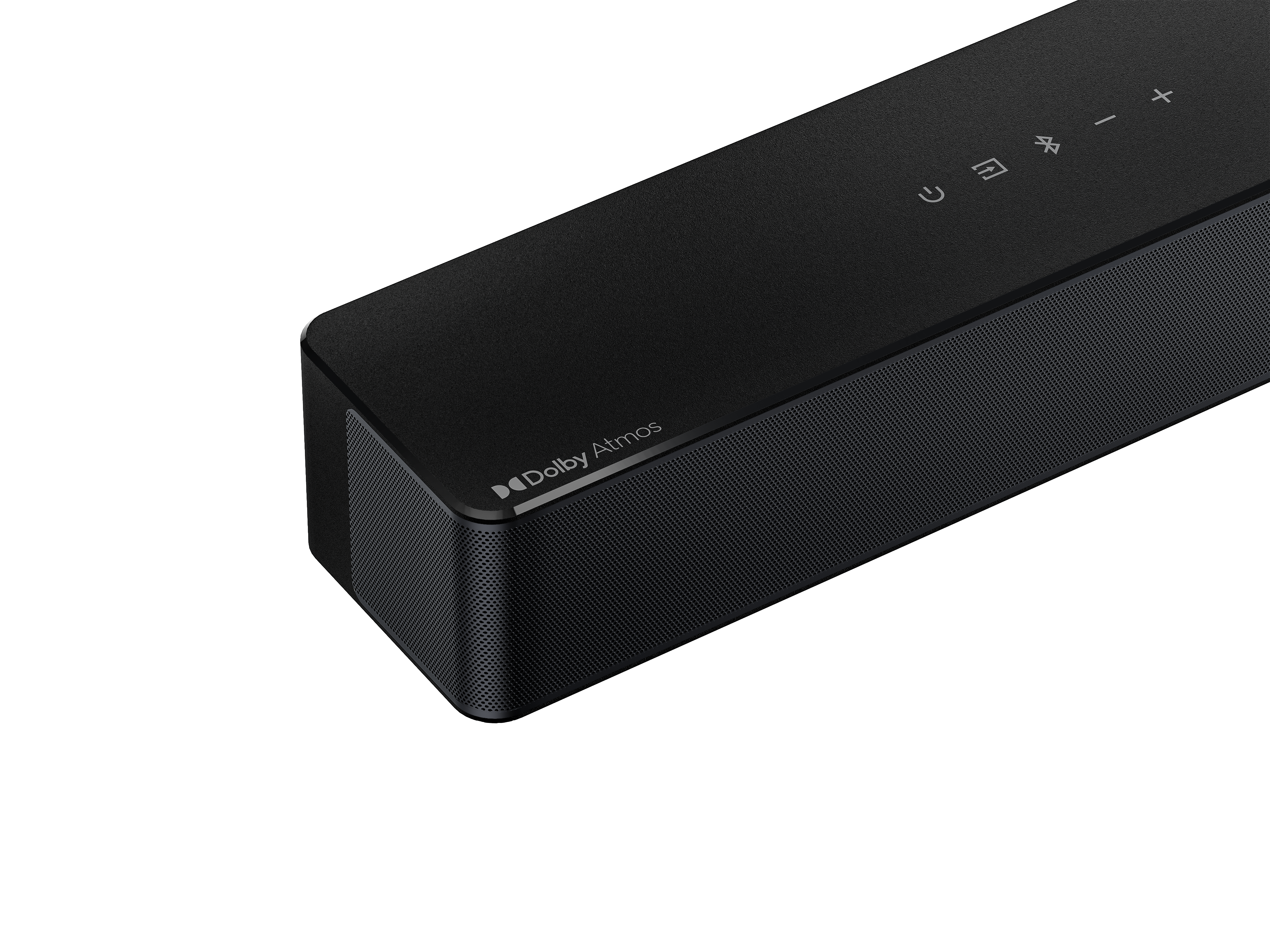 Barre de son noire avec logo Dolby Atmos, en biais sur fond blanc, avec boutons de commande.