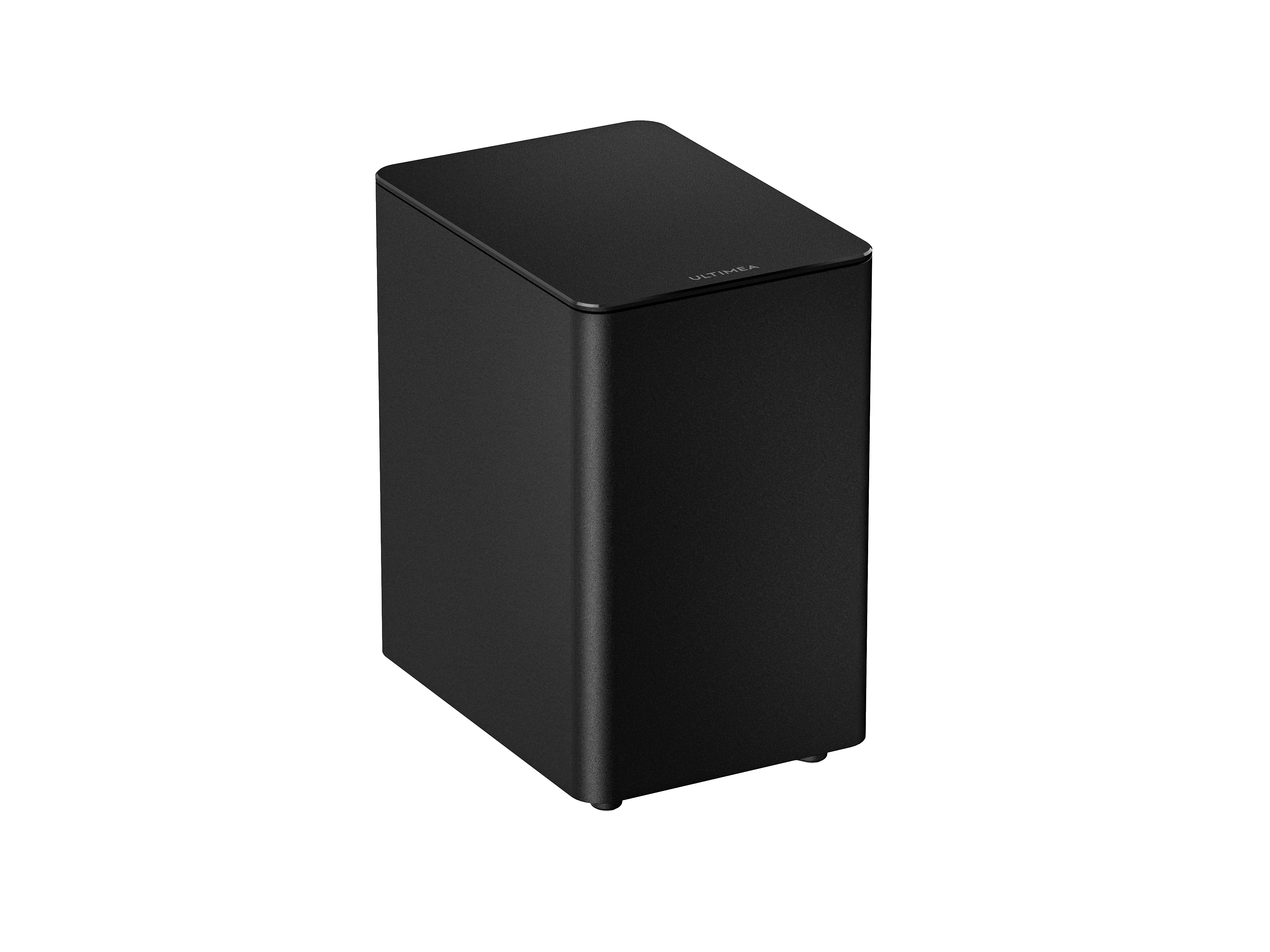 Subwoofer noir, incliné sur fond blanc, avec le logo 'ULTIMEA' en haut.