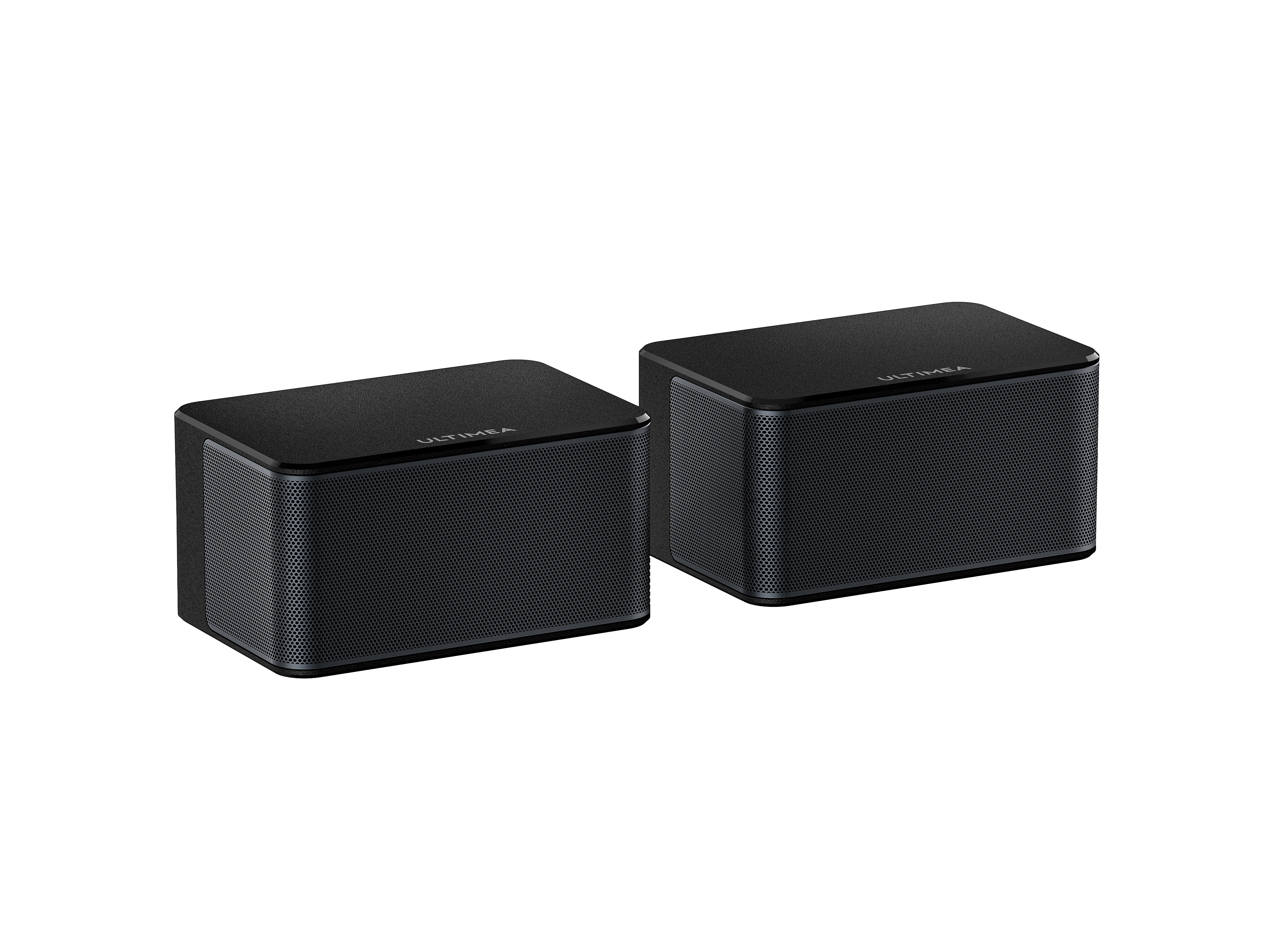 Deux enceintes satellites noires, inclinées sur fond blanc, avec le logo 'ULTIMEA'.