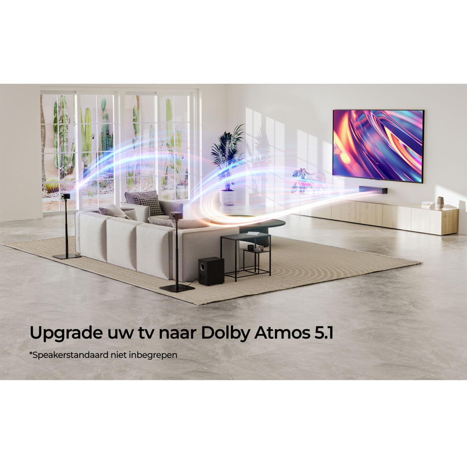 Configuration de salon avec TV et système audio, avec un texte 'Upgrade uw tv naar Dolby Atmos 5.1'.
